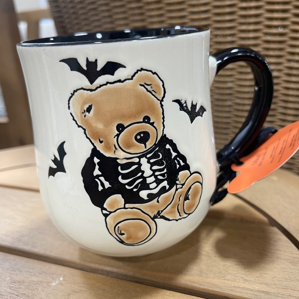 Halloween Teddy Bear Skeleton Sweater with Bats Polka Dot Ceramic Coffee Mug NWT